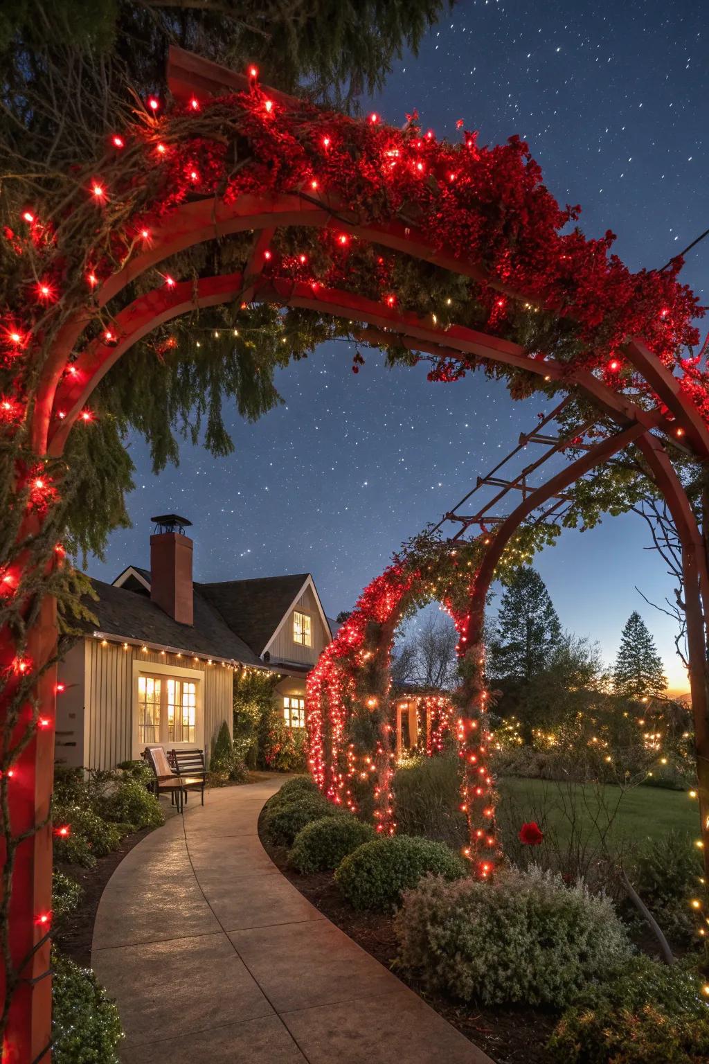 Red outdoor lights creating a festive glow.