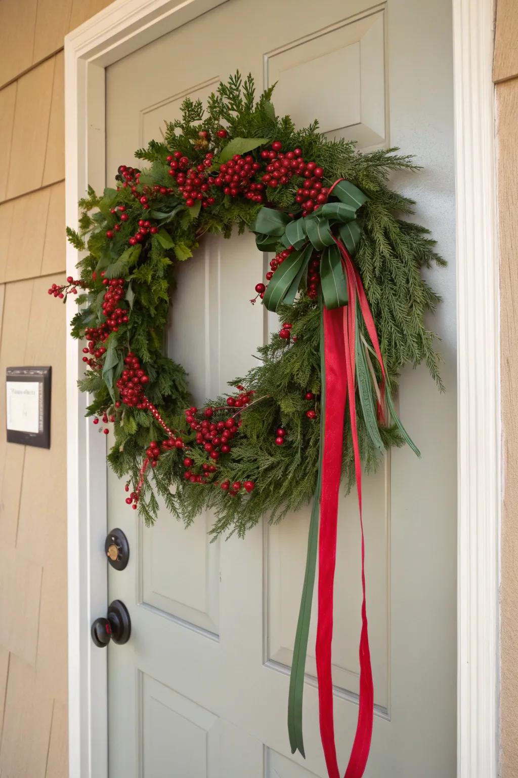 A festive wreath incorporating red accents for a lovely welcome.