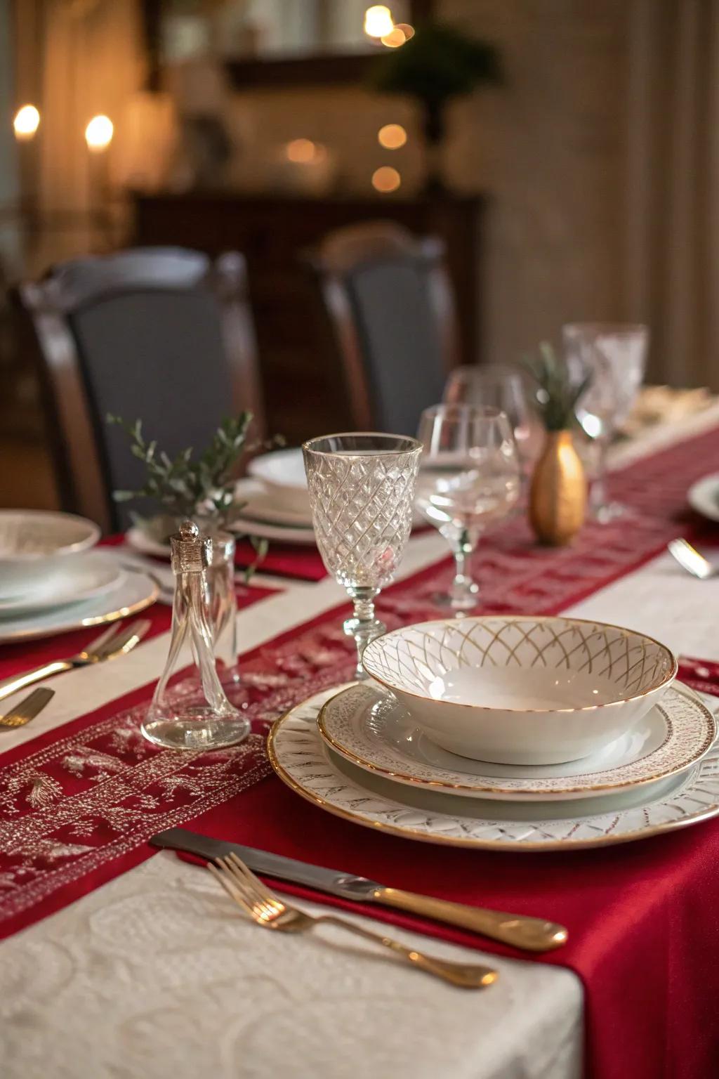 A striking red-themed table setting for the holidays.