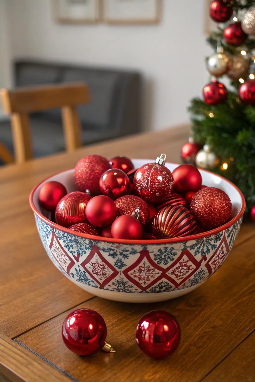 A unique display of red ornaments adding festive charm.