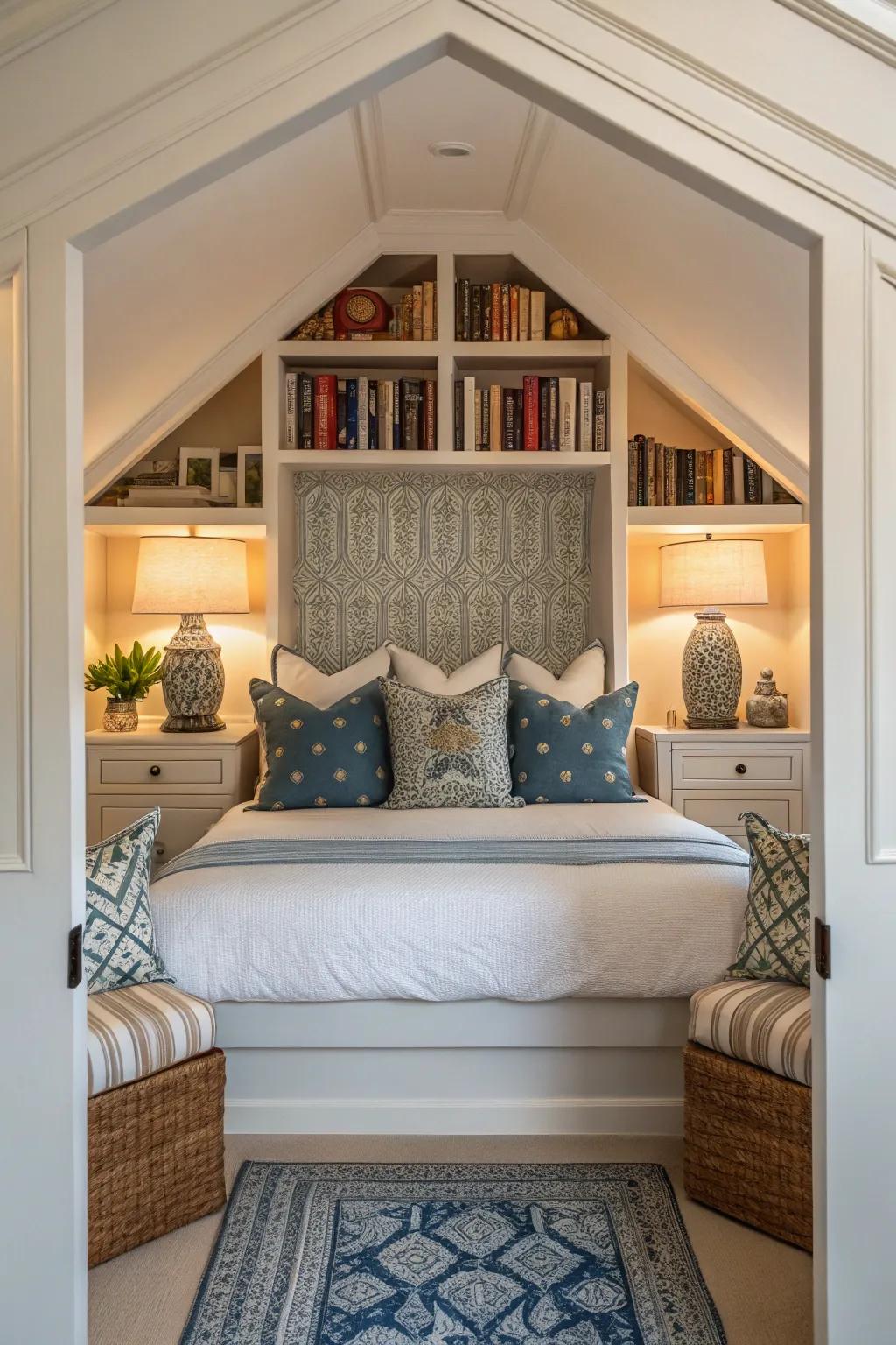 Symmetrical design elements bring balance to this well-organized bedroom nook.