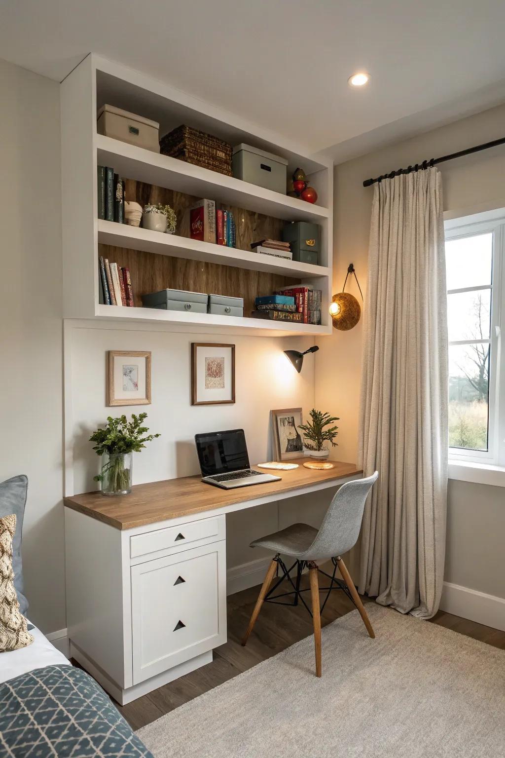 A space-efficient bedroom nook featuring floating furniture for added functionality.