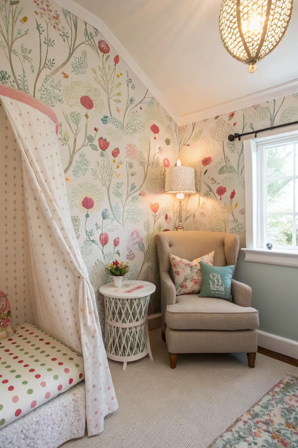 Whimsical wallpaper transforms this bedroom nook into a captivating space.
