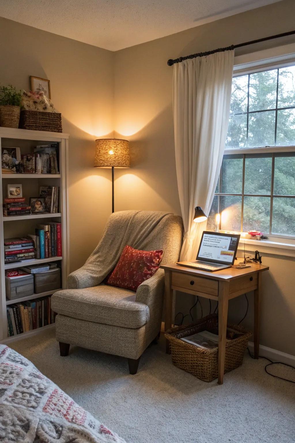 A multi-functional bedroom nook that effortlessly adapts to various needs.