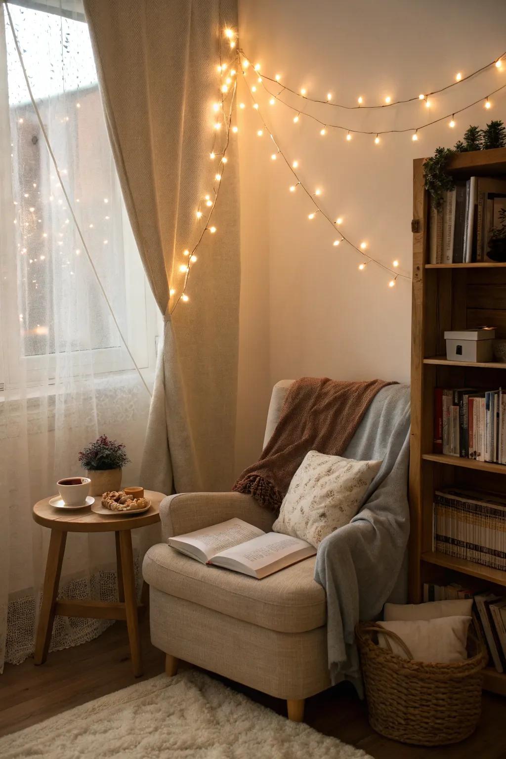 A bedroom nook lit by soft string lights, creating a peaceful ambiance.