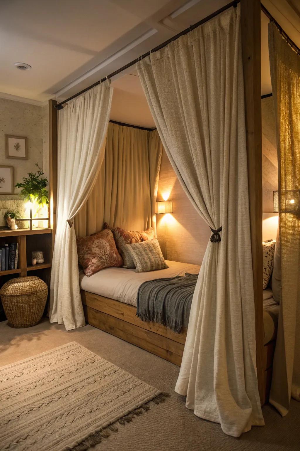 A bedroom nook with curtains, offering a private and cozy retreat.