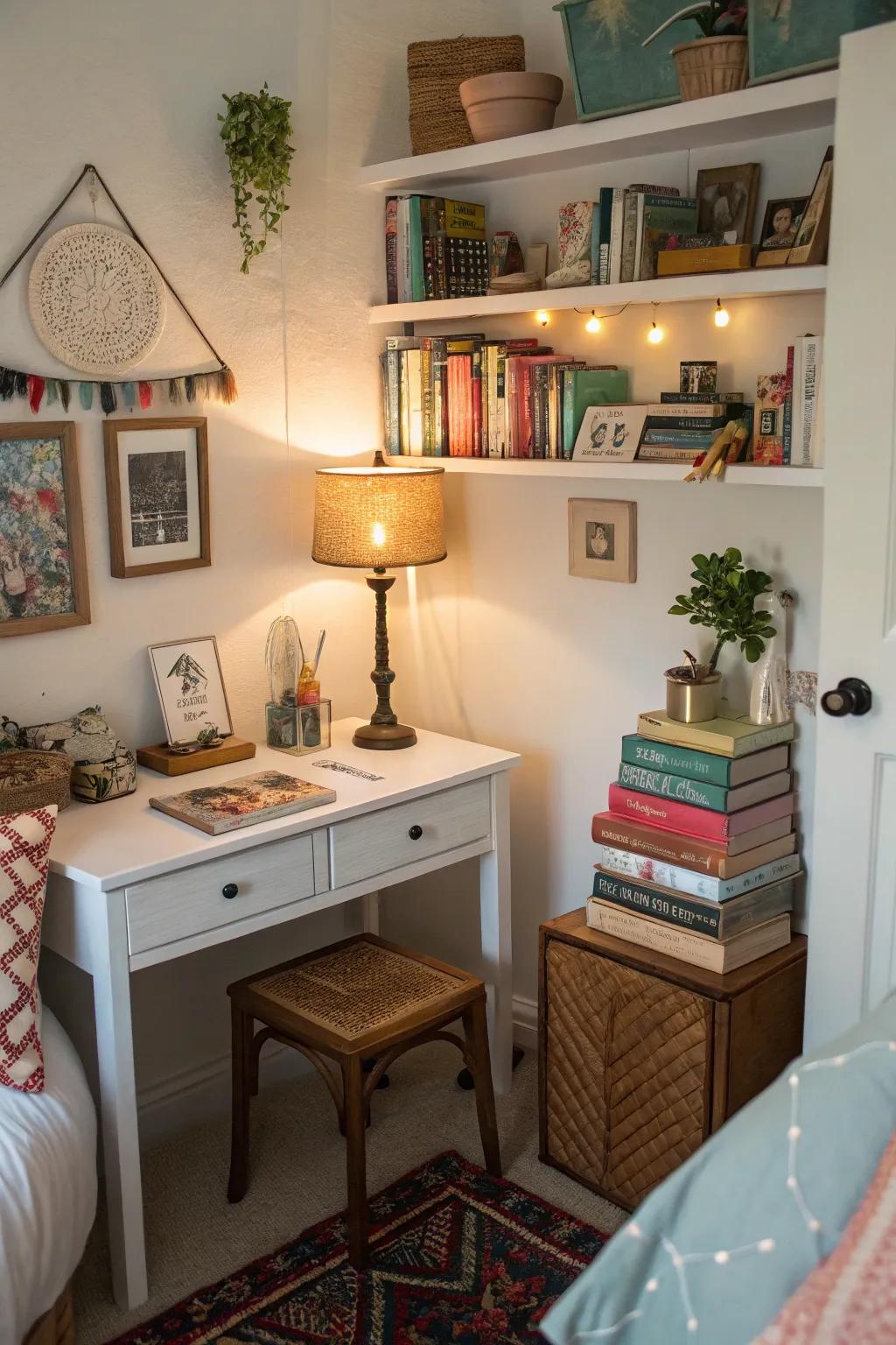 A personalized bedroom nook with books and decorations that showcase individual style.