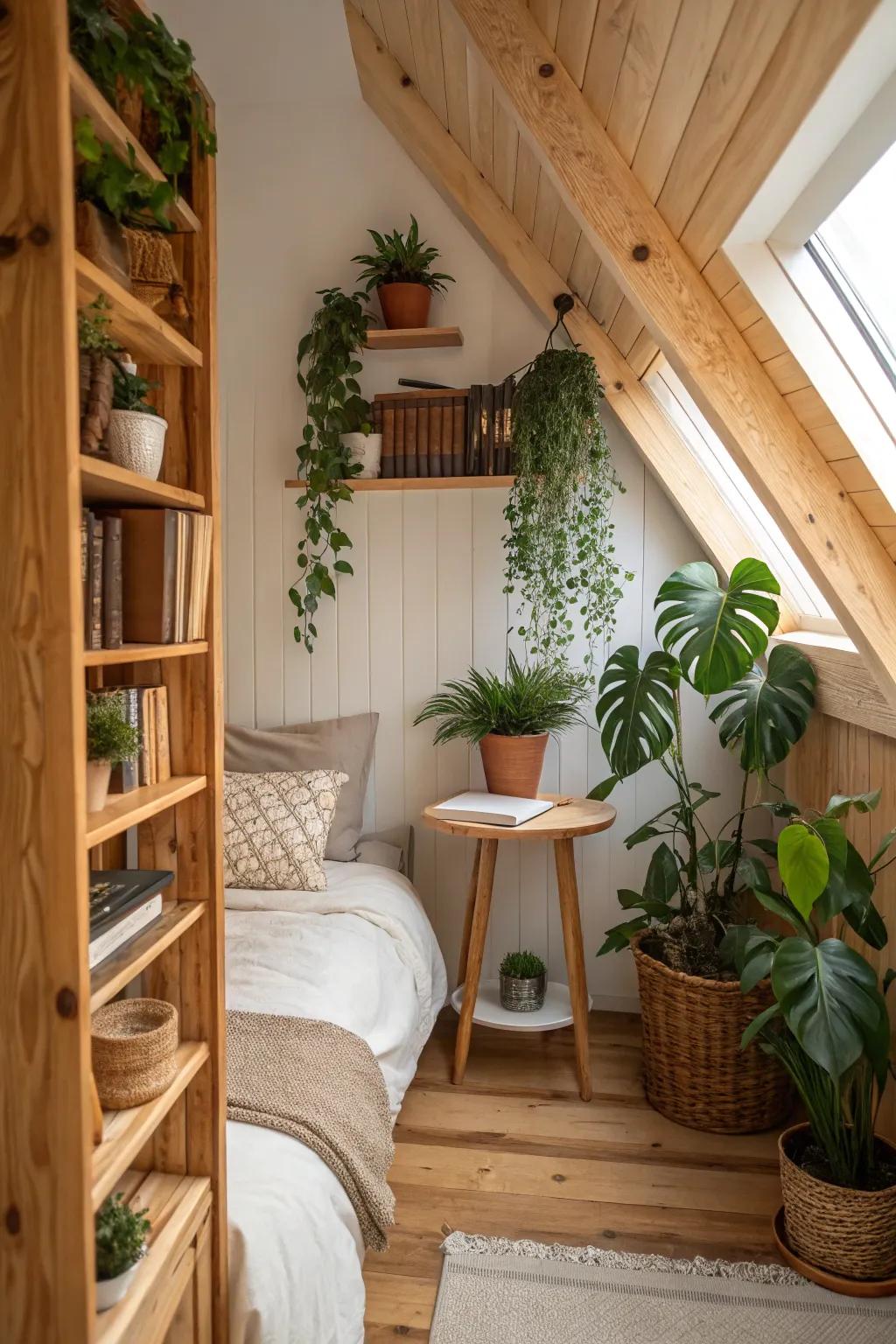 A nature-infused bedroom nook with wooden accents and greenery.