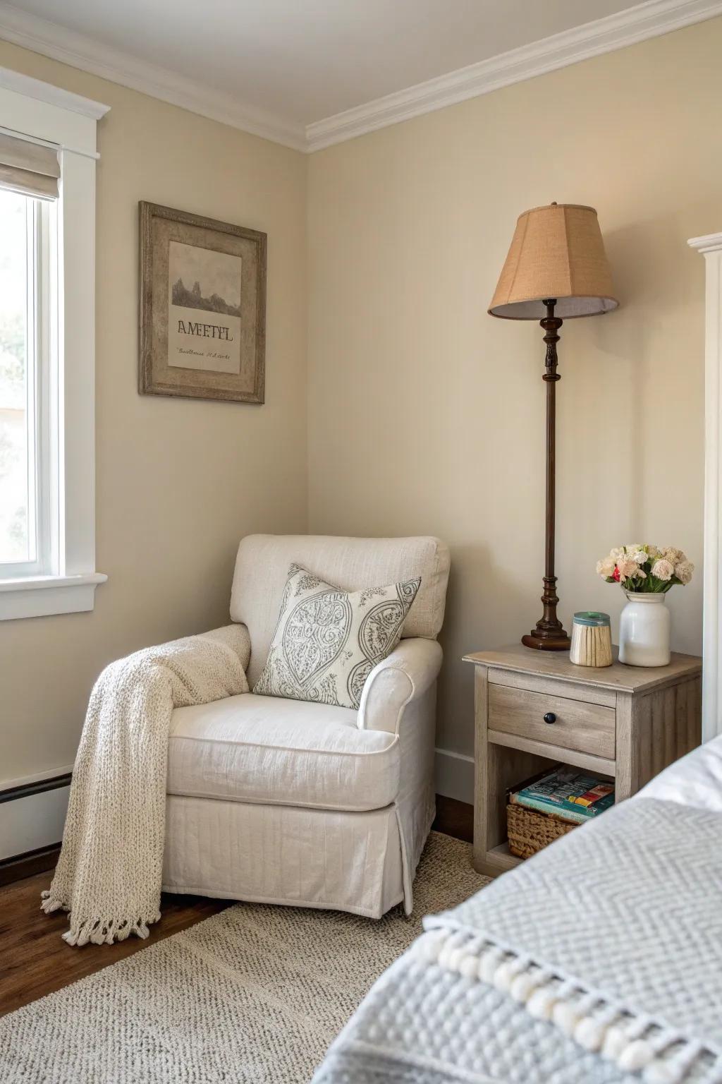 A serene and timeless bedroom nook featuring minimal decor and a neutral palette.