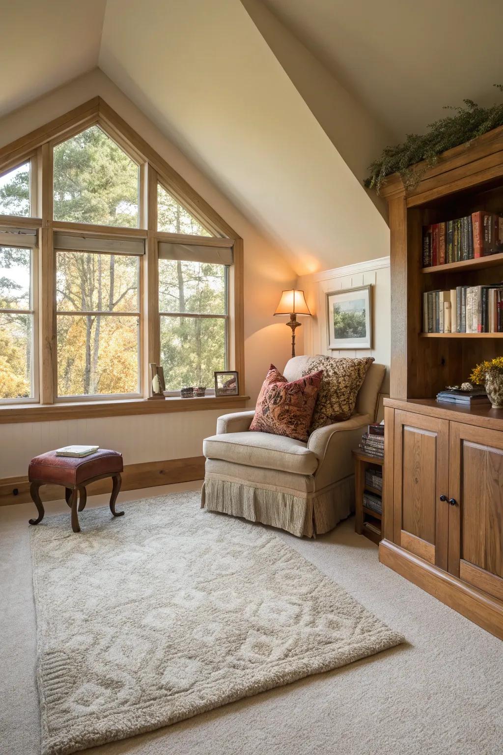 A cozy carpet defines this inviting bedroom nook, adding warmth and texture.