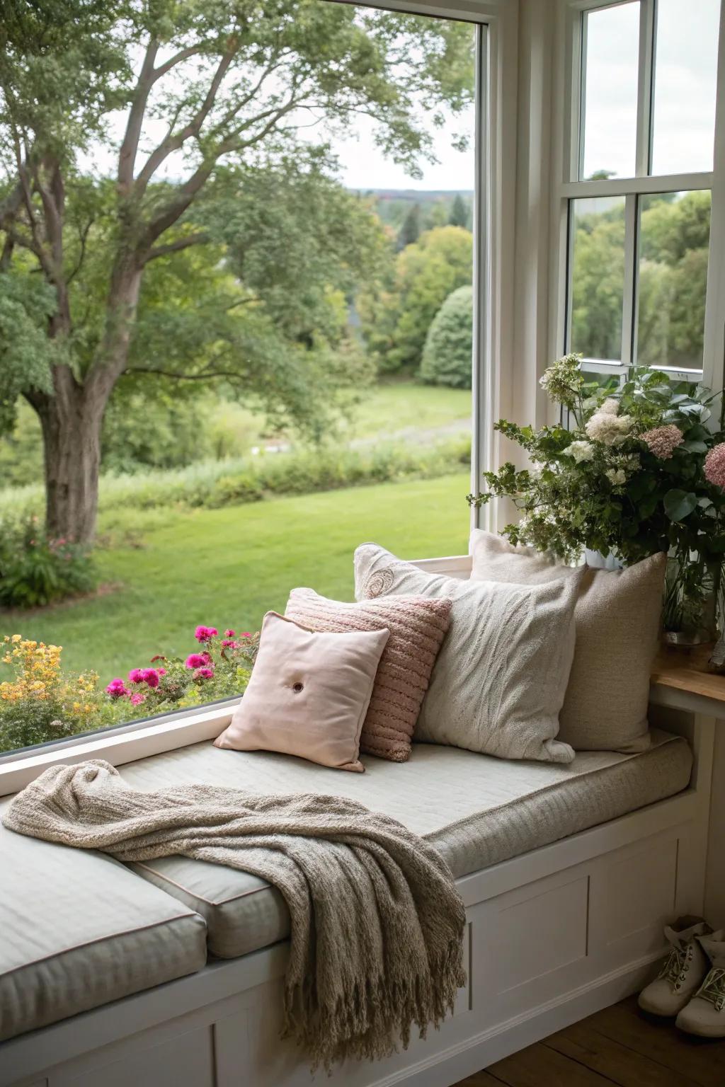 A lovely window seat in a bedroom, ideal for unwinding and taking in the garden view.