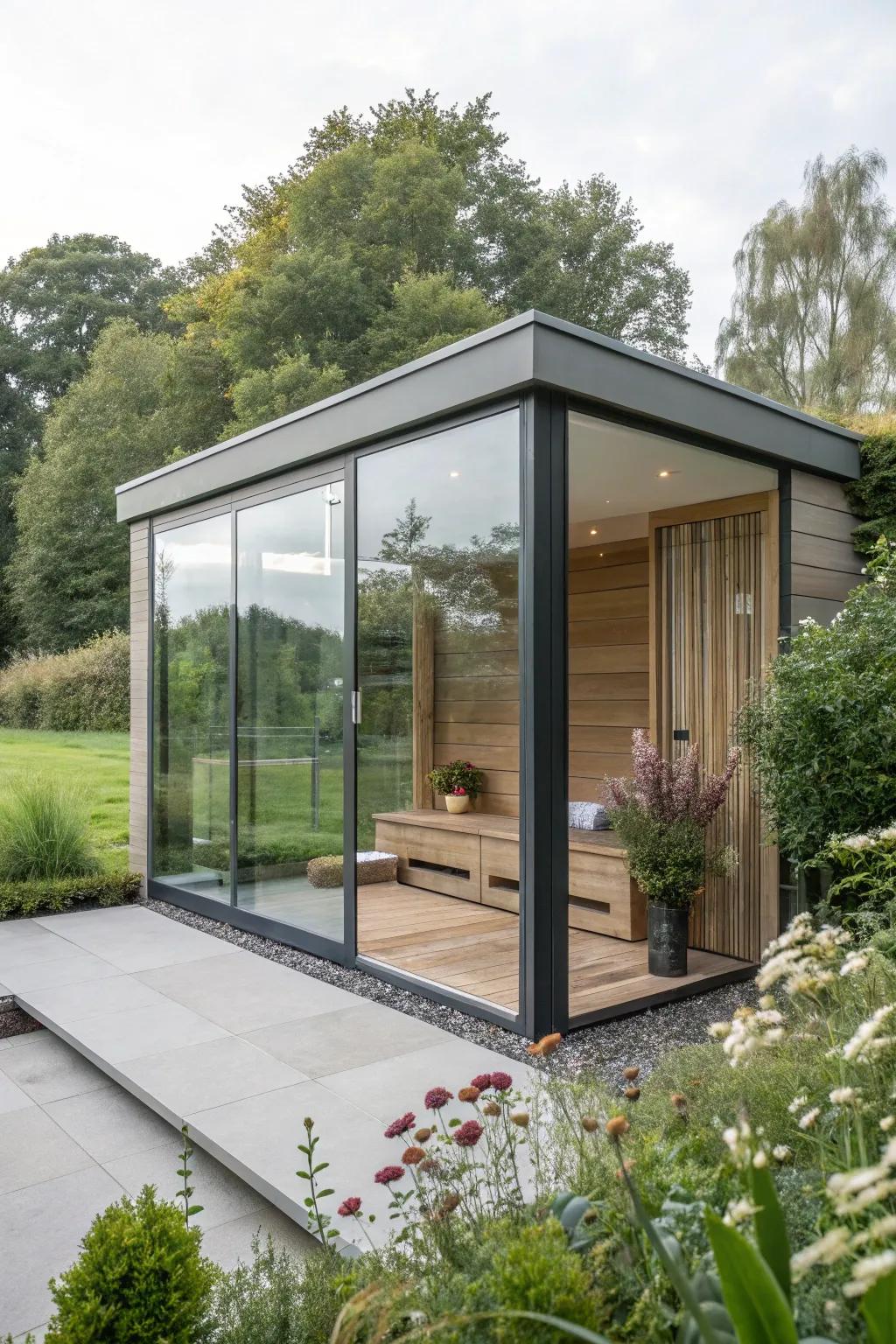 A sleek glass haven with panoramic views.