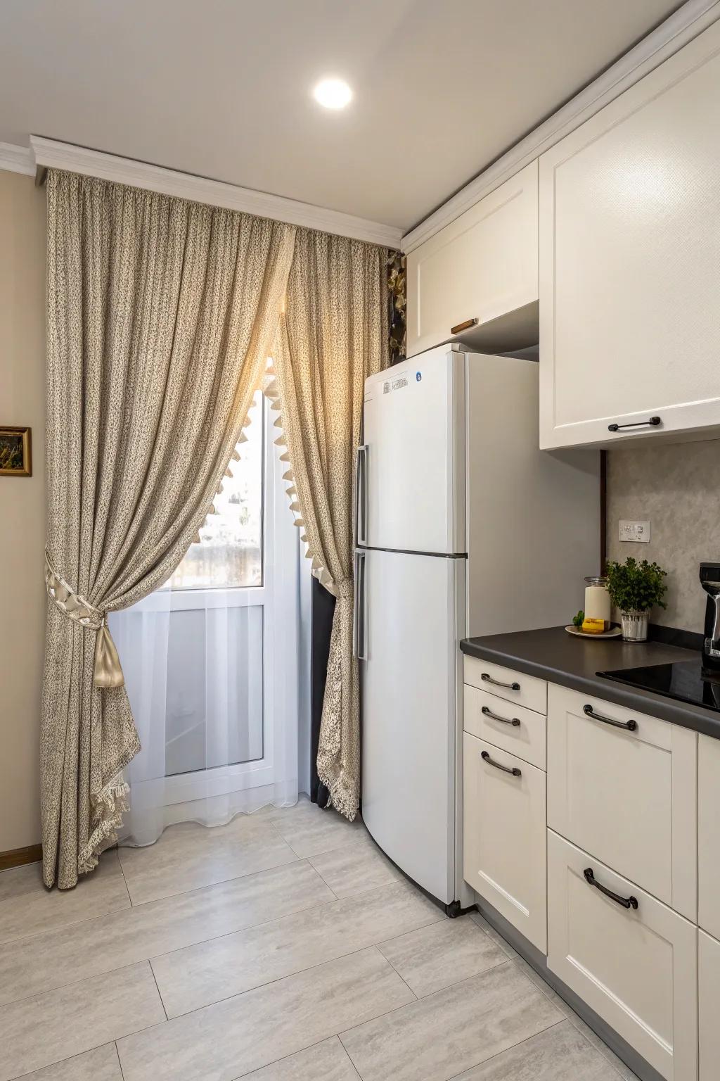 Elegantly concealing the area above the fridge with a drape.