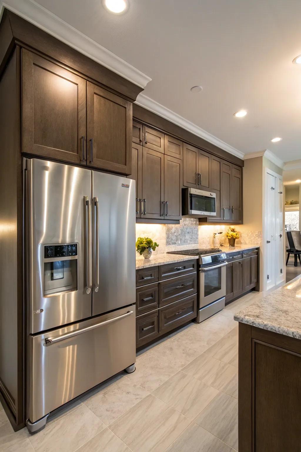 Achieving a smooth kitchen aesthetic with cabinetry above the fridge.