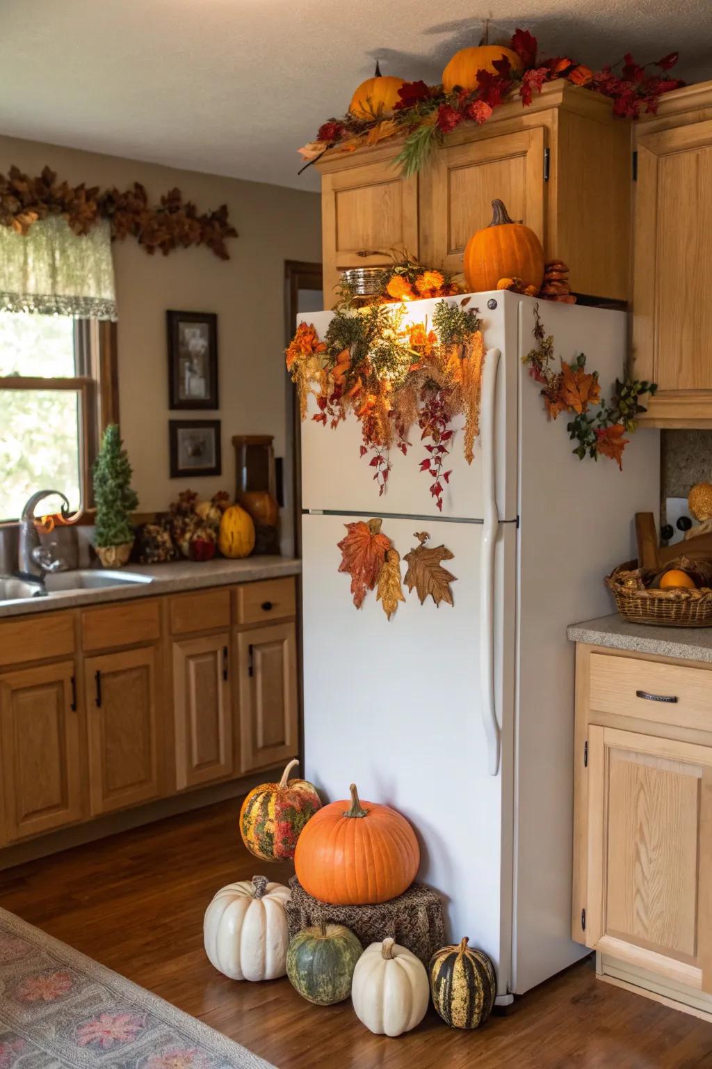 Preserving a festive kitchen with a seasonal arrangement above the fridge.