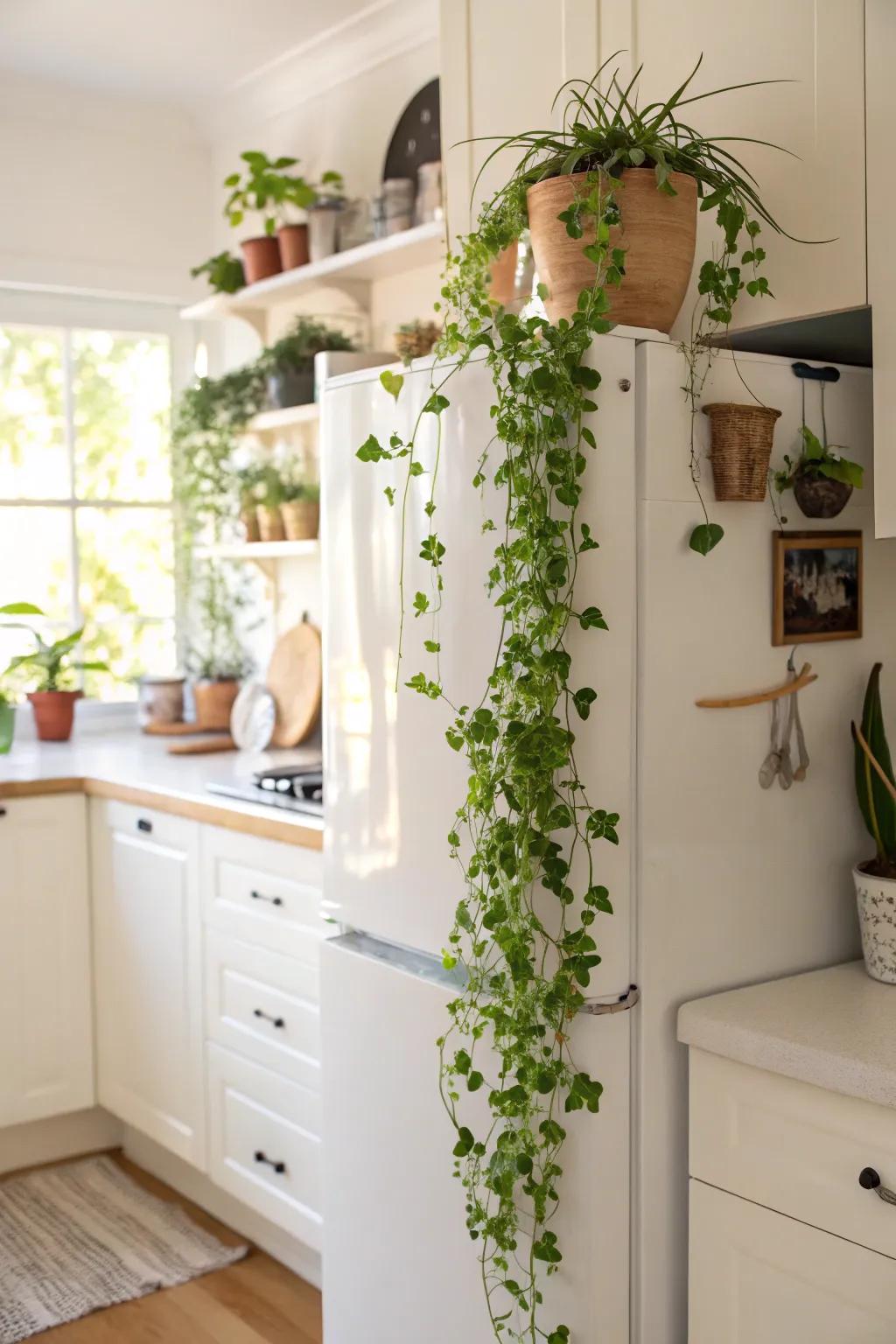 Introducing a refreshing touch with greenery above the fridge.