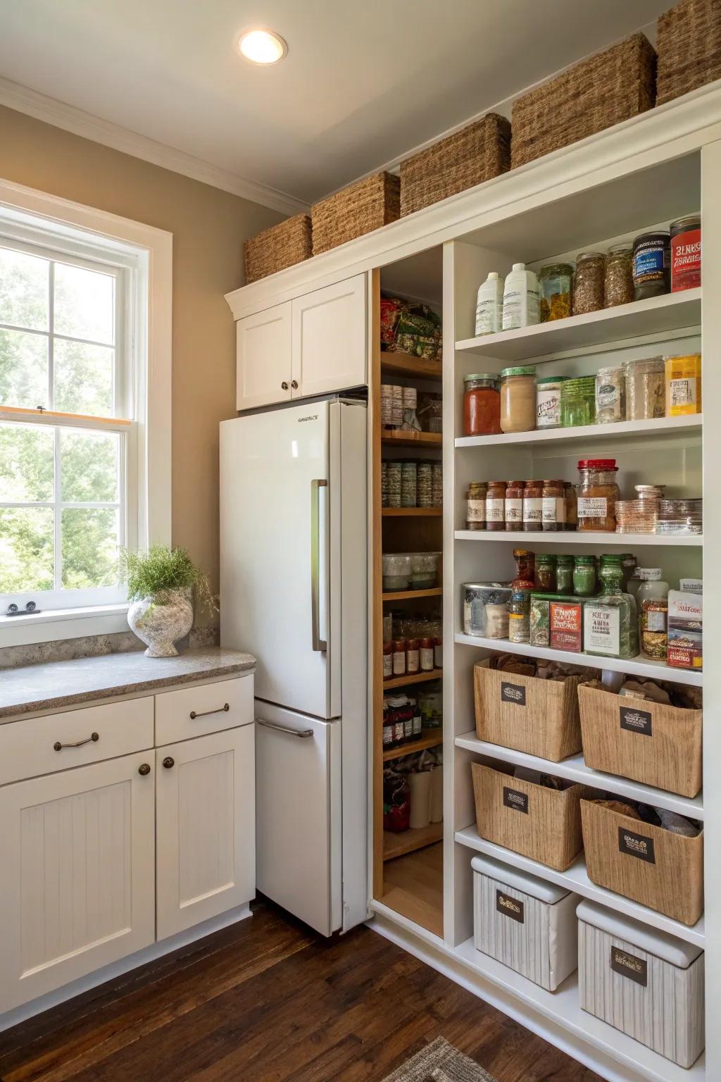 Providing pantry storage with narrow shelves above the fridge.
