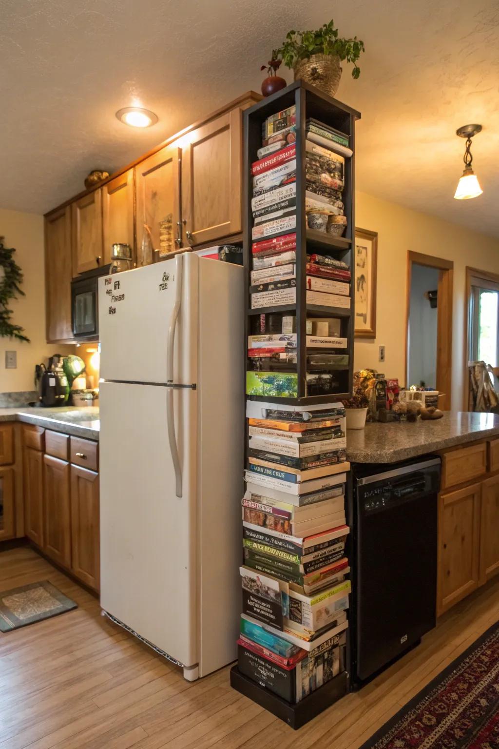 Making reading materials easily accessible with a slim book alcove above the fridge.