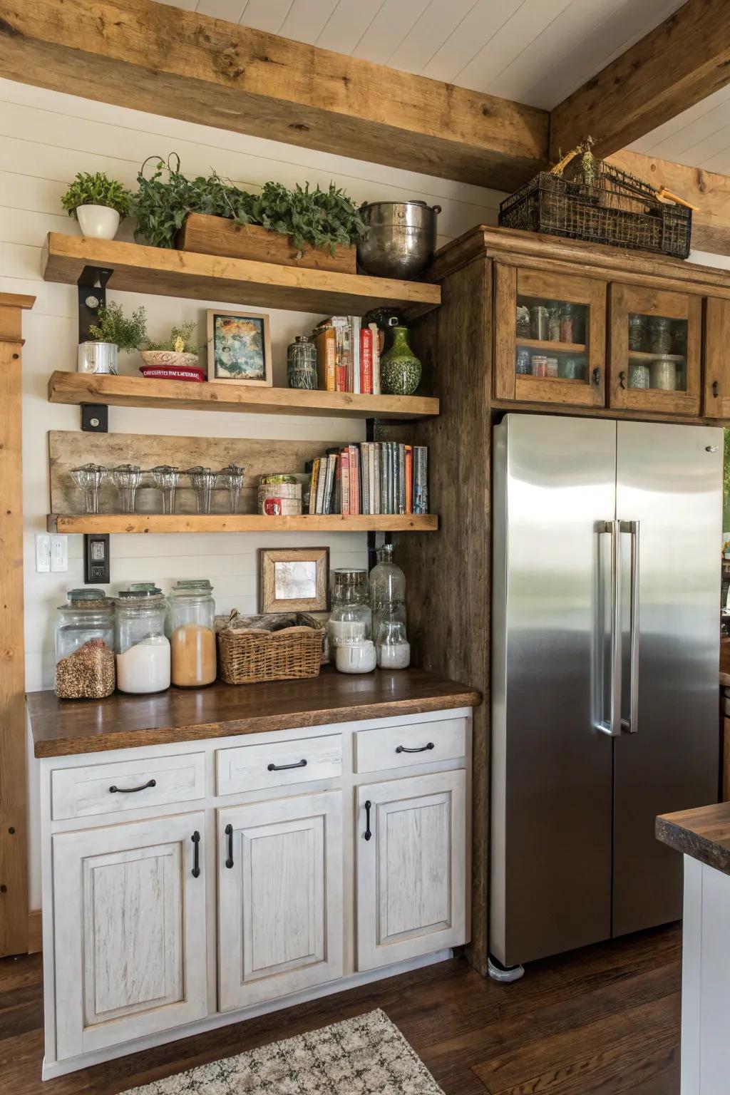 Enhancing charm and practicality with country shelves above the fridge.
