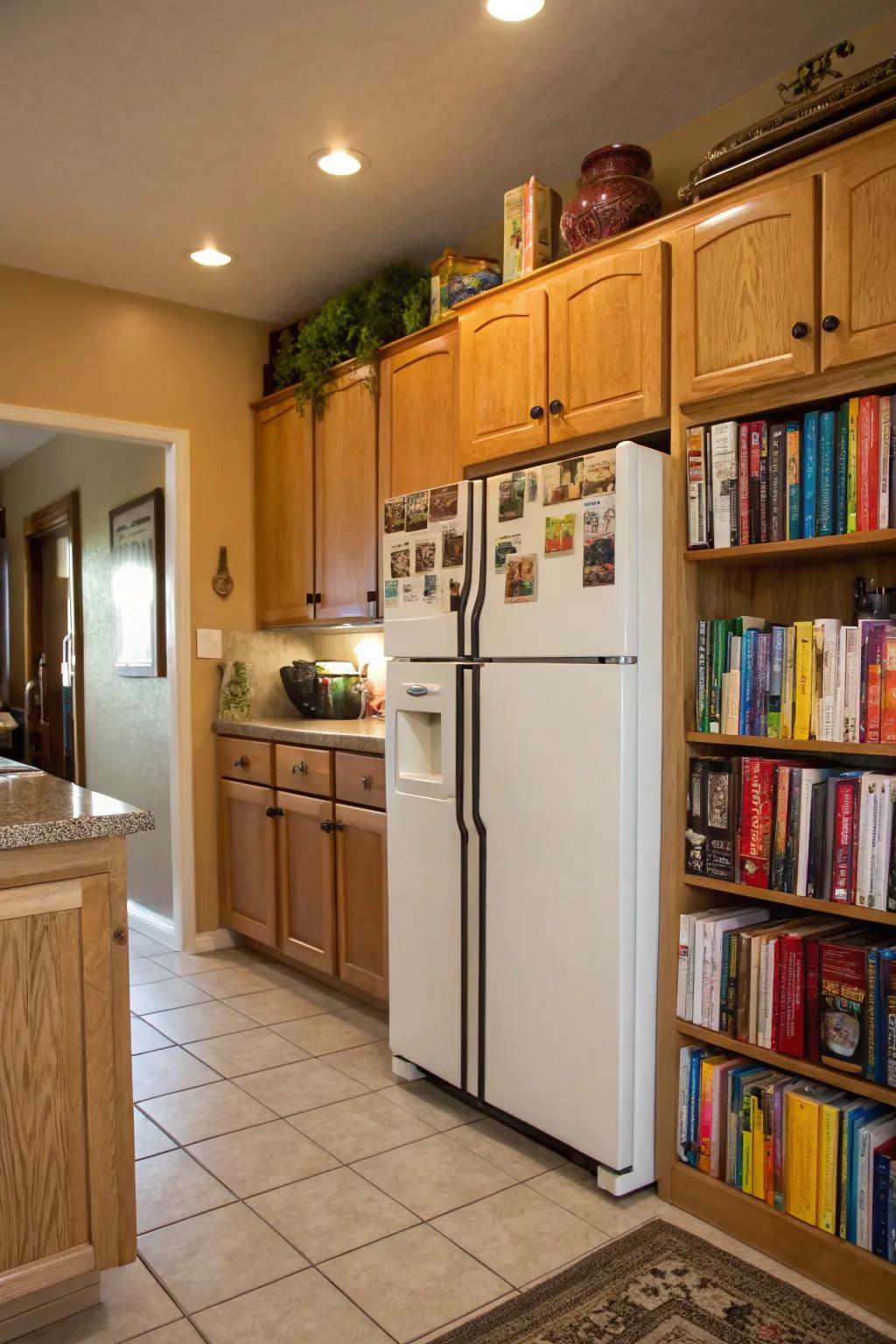 Storing cookbooks above the fridge for convenient access.