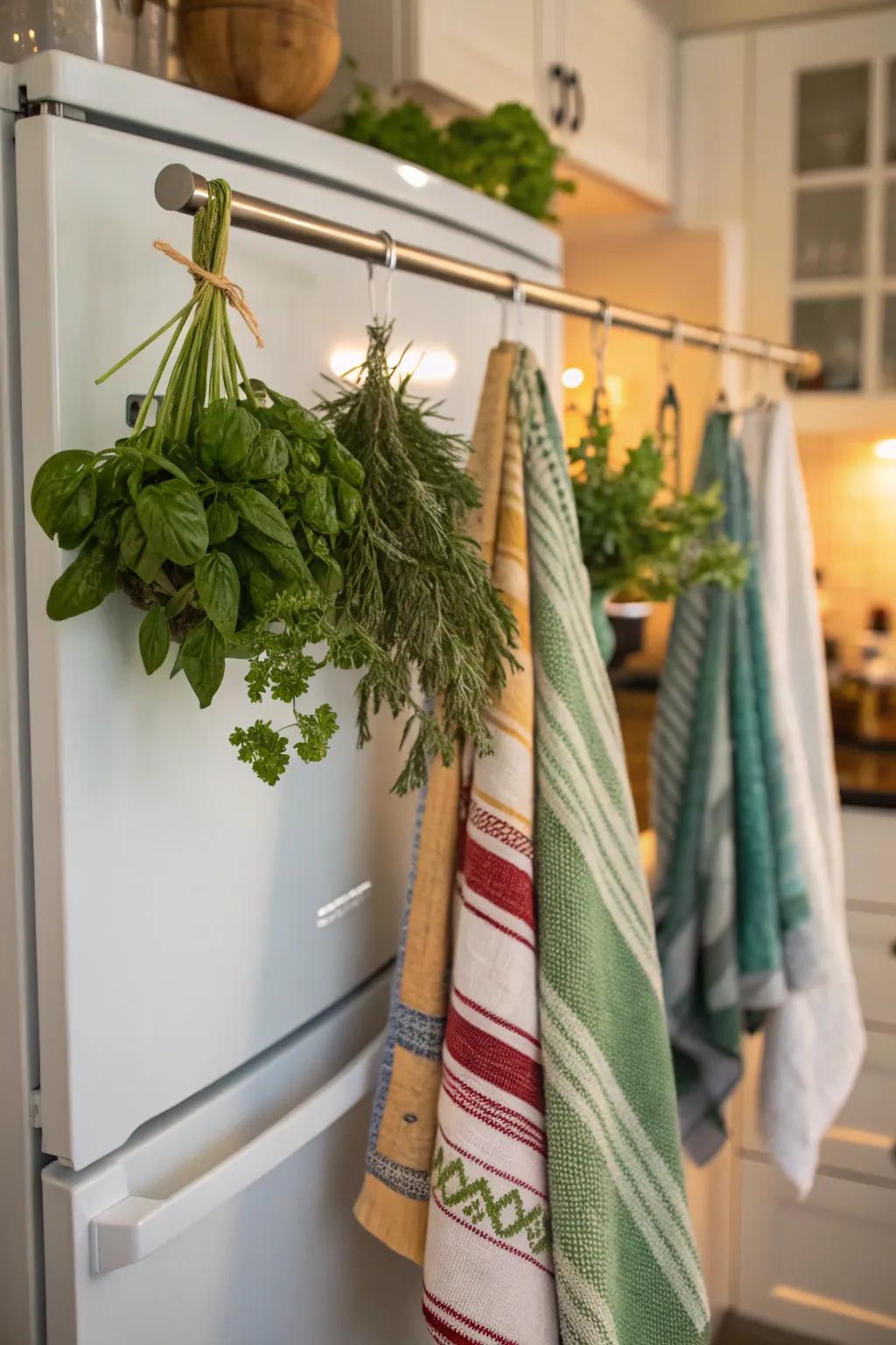 Adding unexpected functionality with a spring rod above the fridge.