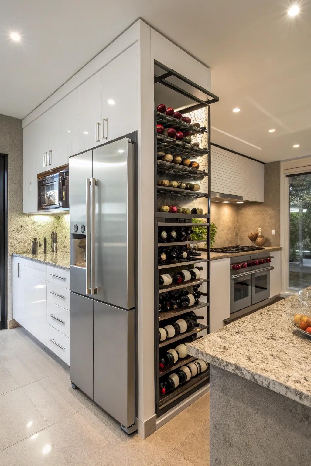 A stylish wine rack above the fridge, turning heads.