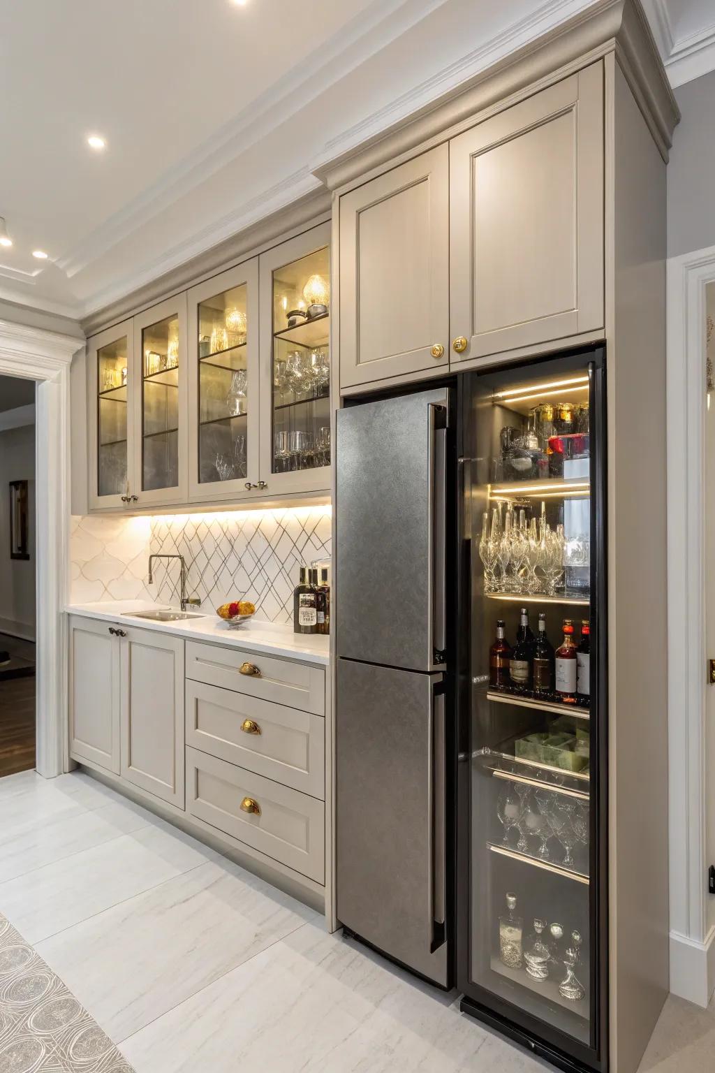 Adding sophistication with a hidden spirits cabinet above the fridge.