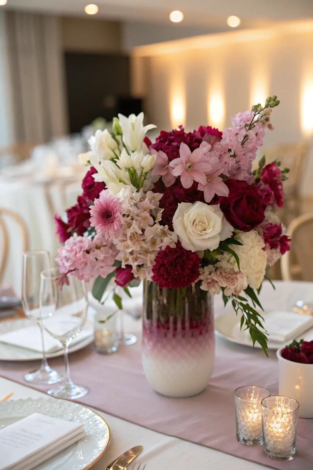 A gradient blossom centerpiece is a visual spectacle.