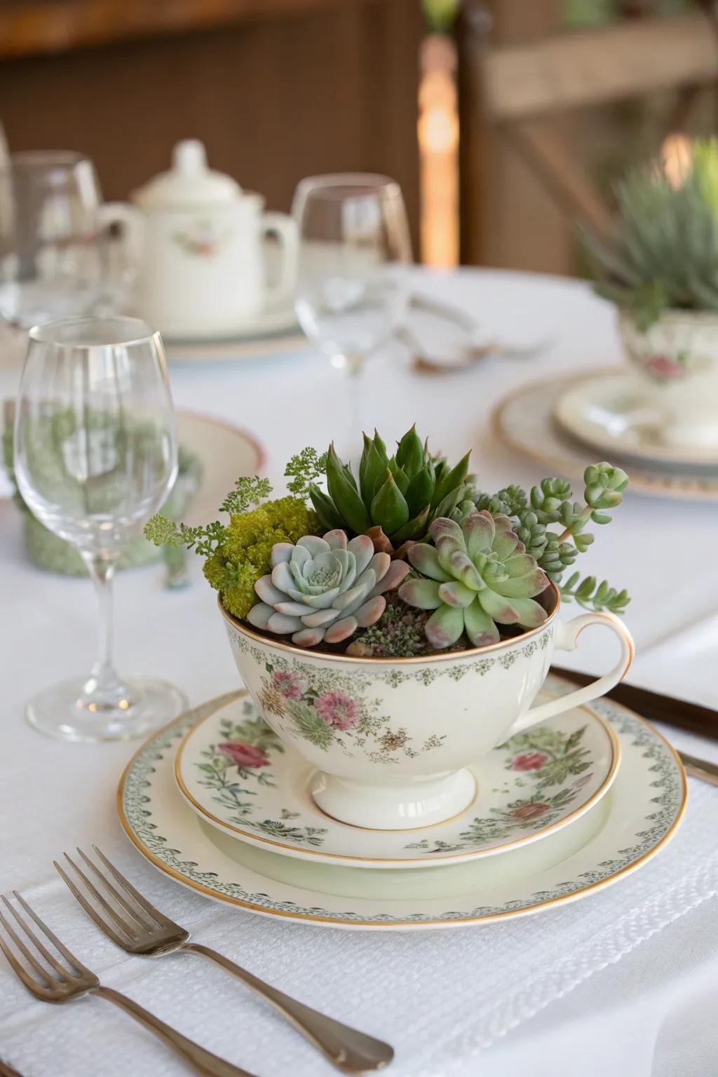 Retro teacups brimming with succulents present nostalgic allure.