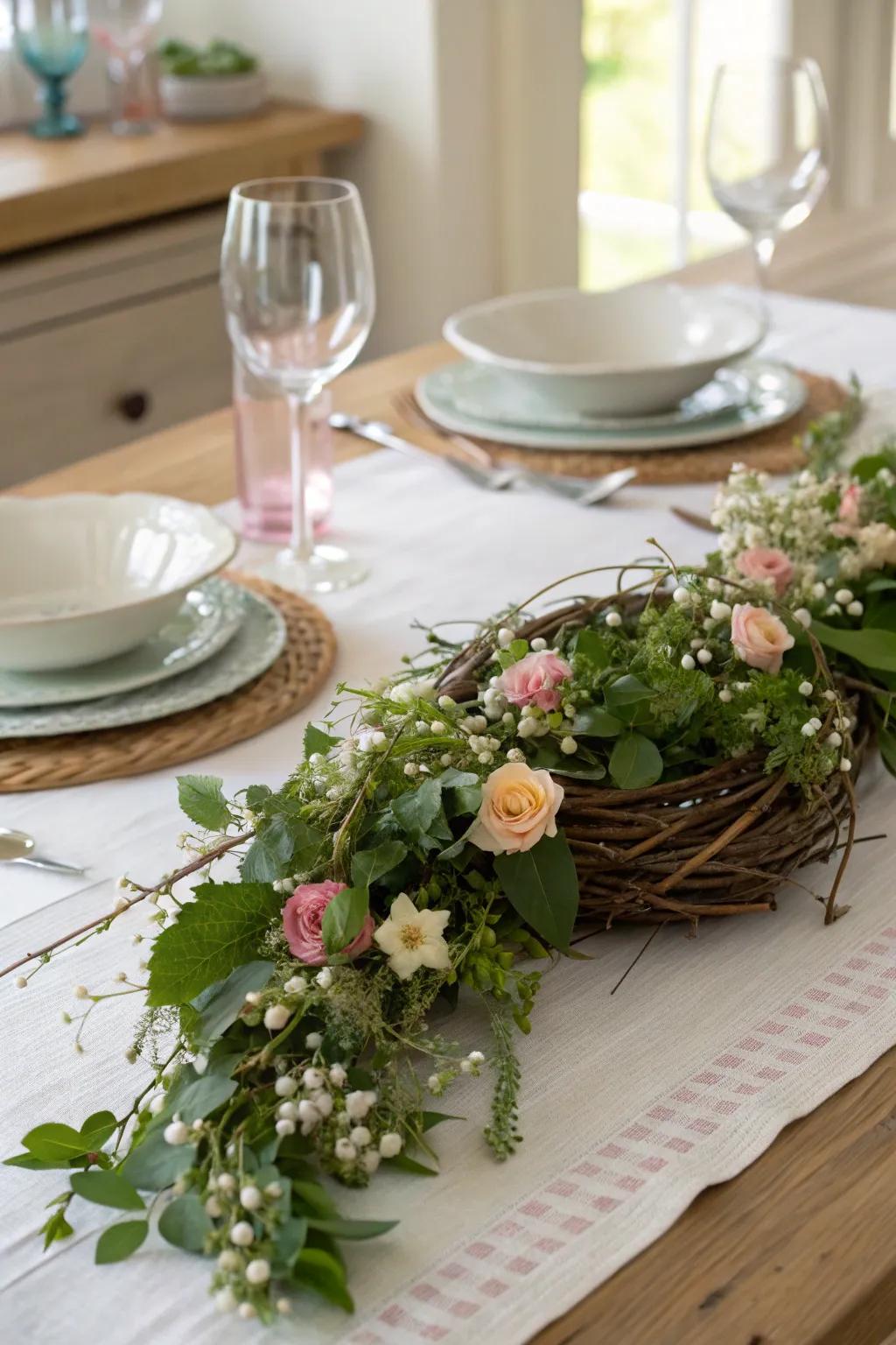 A climbing vine wreath infuses natural texture and beauty.