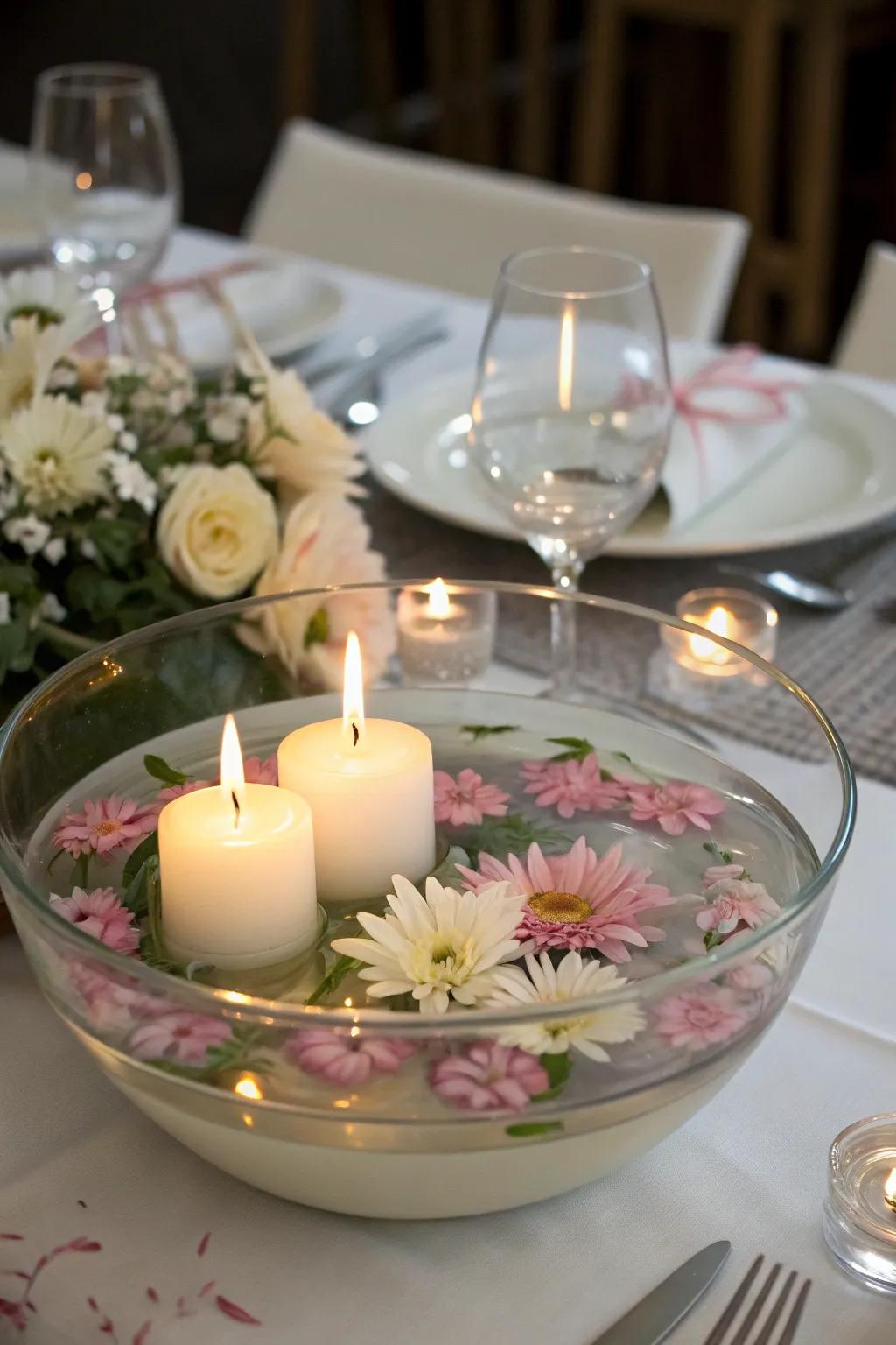 Drifting tapers and blossoms fashion a tranquil atmosphere.