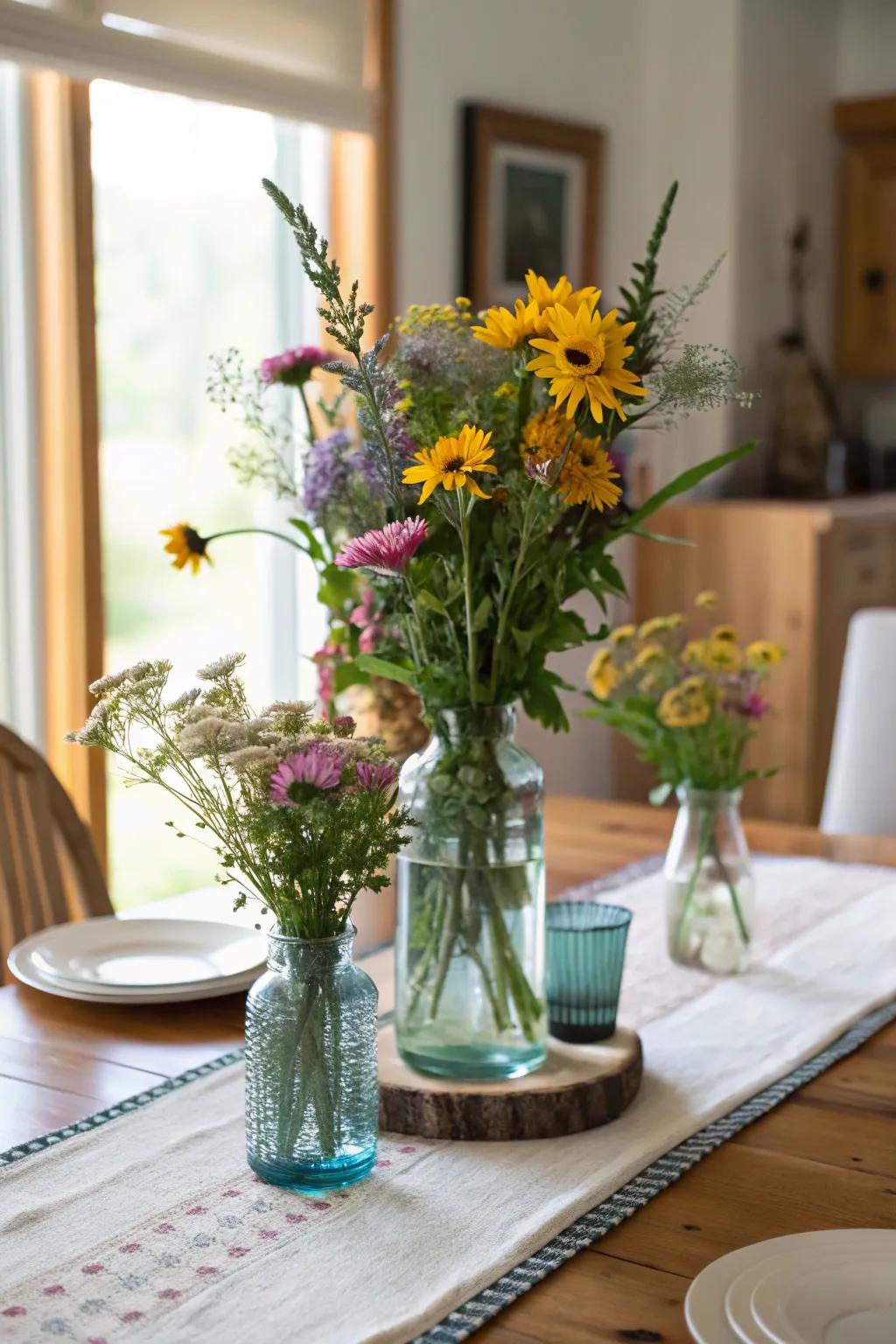 Reclaimed glass and wildflowers for earth-conscious allure.