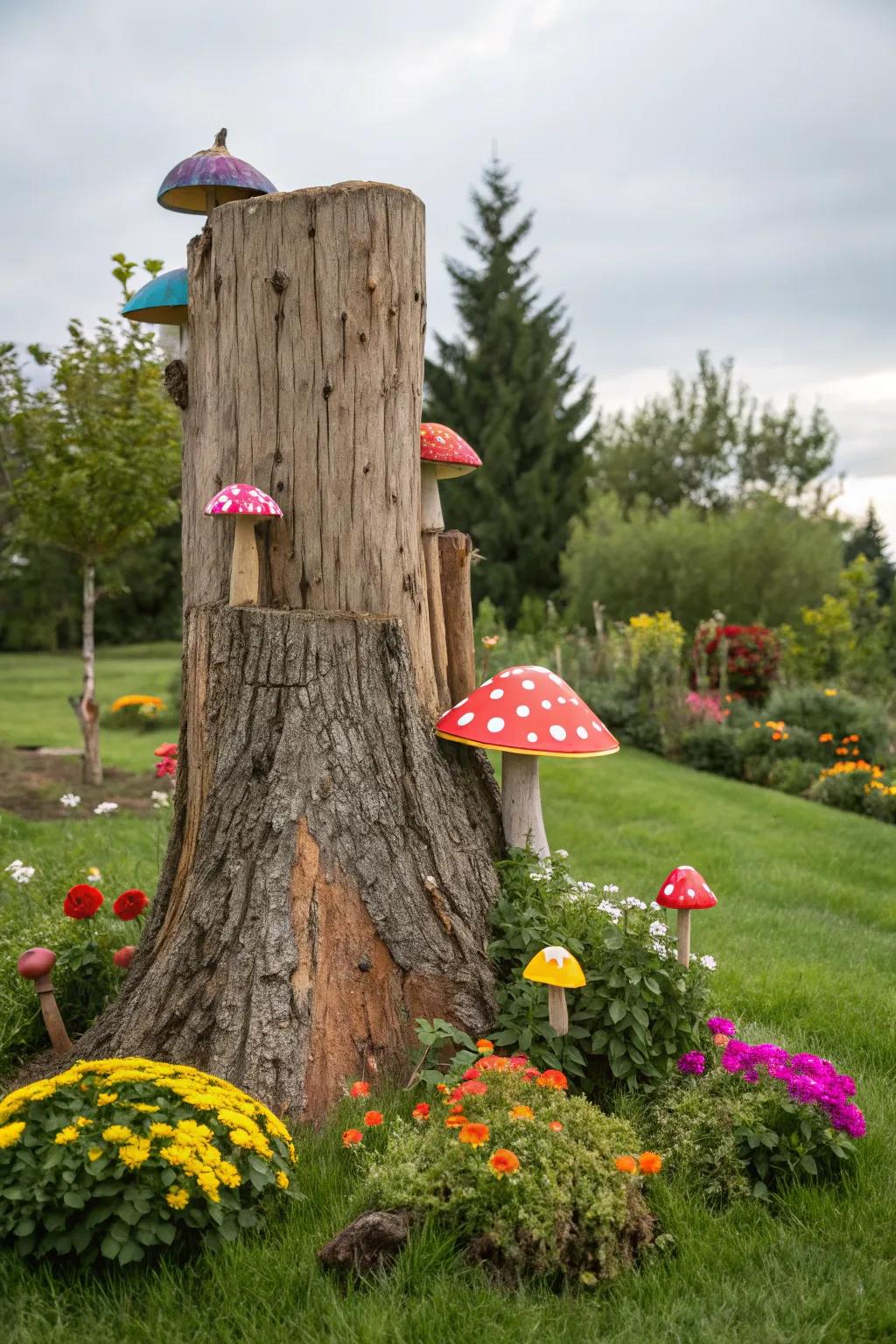 Inject whimsy with mushroom decorations on a tree stump.