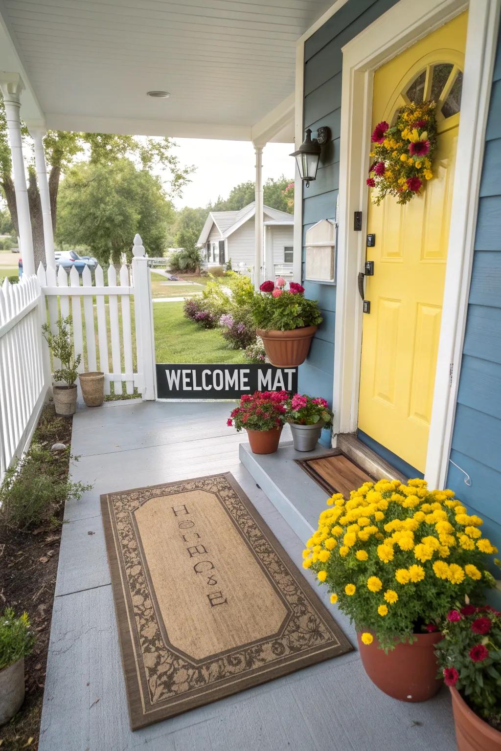 A cheerful welcome mat creates a friendly atmosphere.