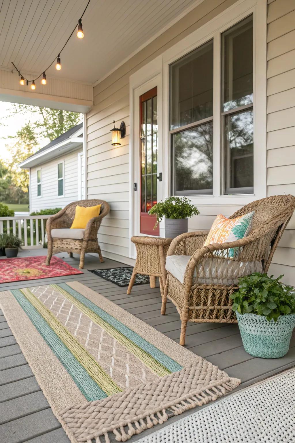 Layered carpets create an inviting, textured appearance.