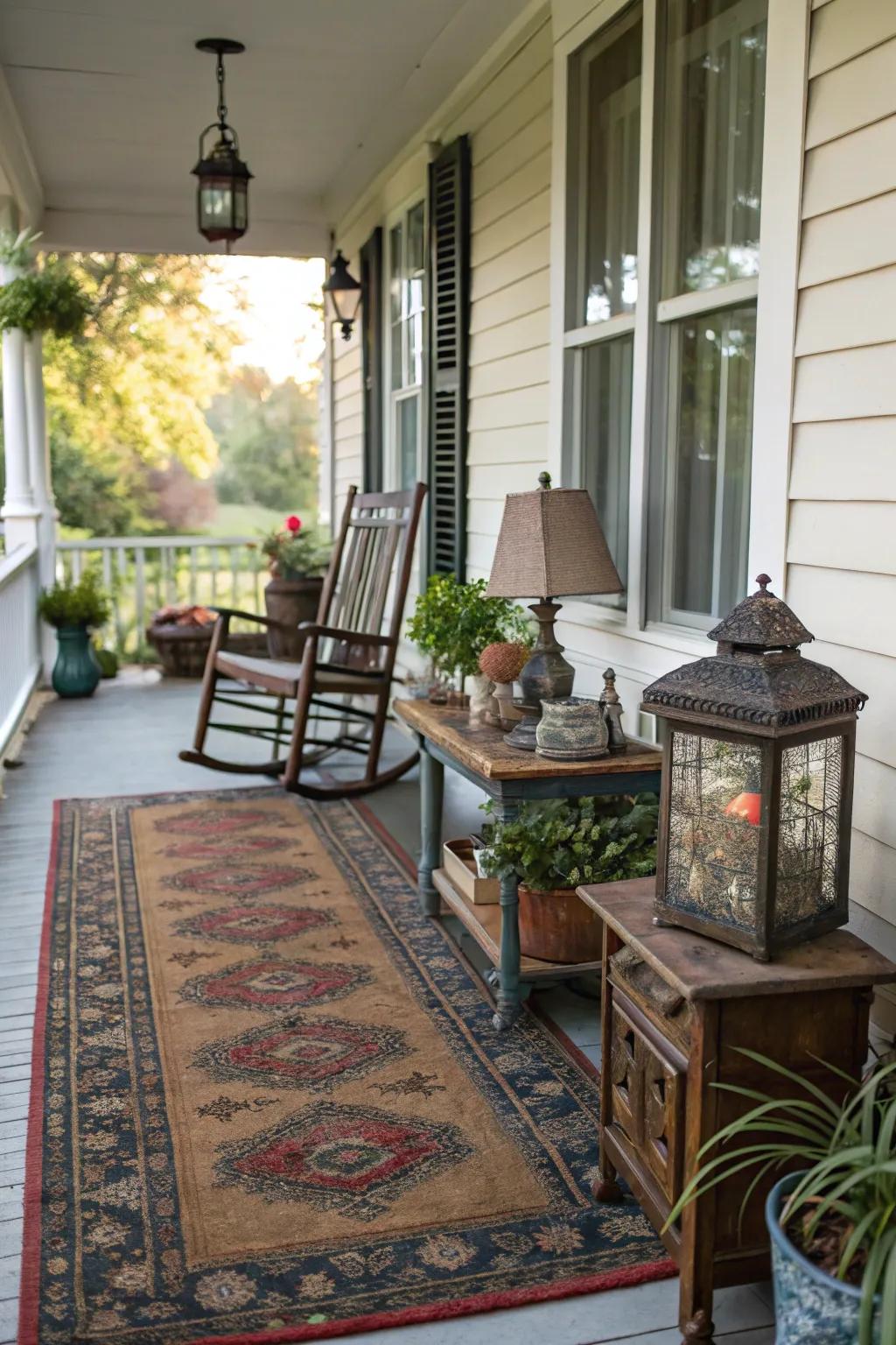 Vintage floor coverings add unique character to your porch.