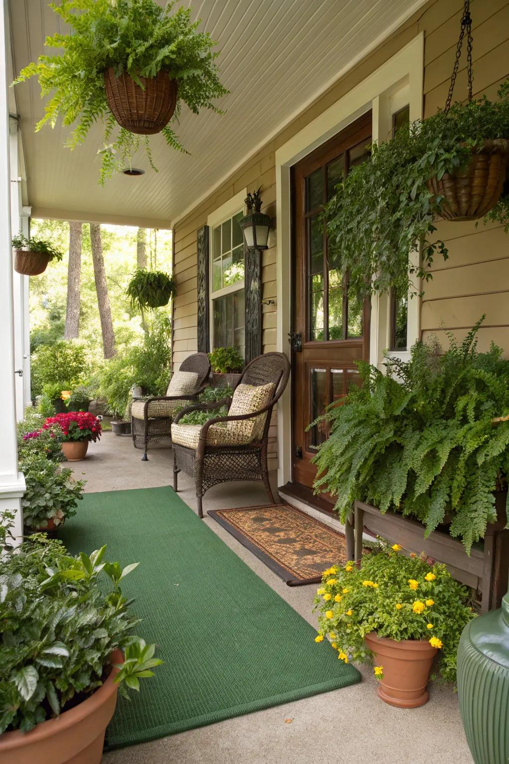 Plants and floor coverings unite to create a nature-inspired porch.