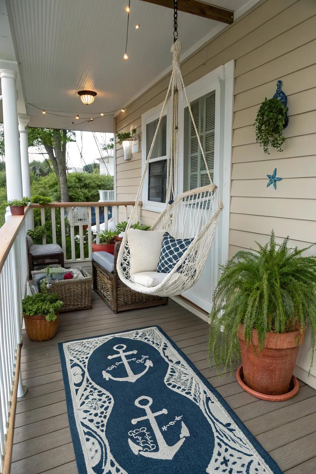Nautical motifs evoke a serene coastal atmosphere.