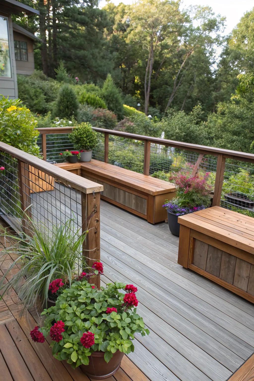 Built-in seating adds comfort and functionality to decks.