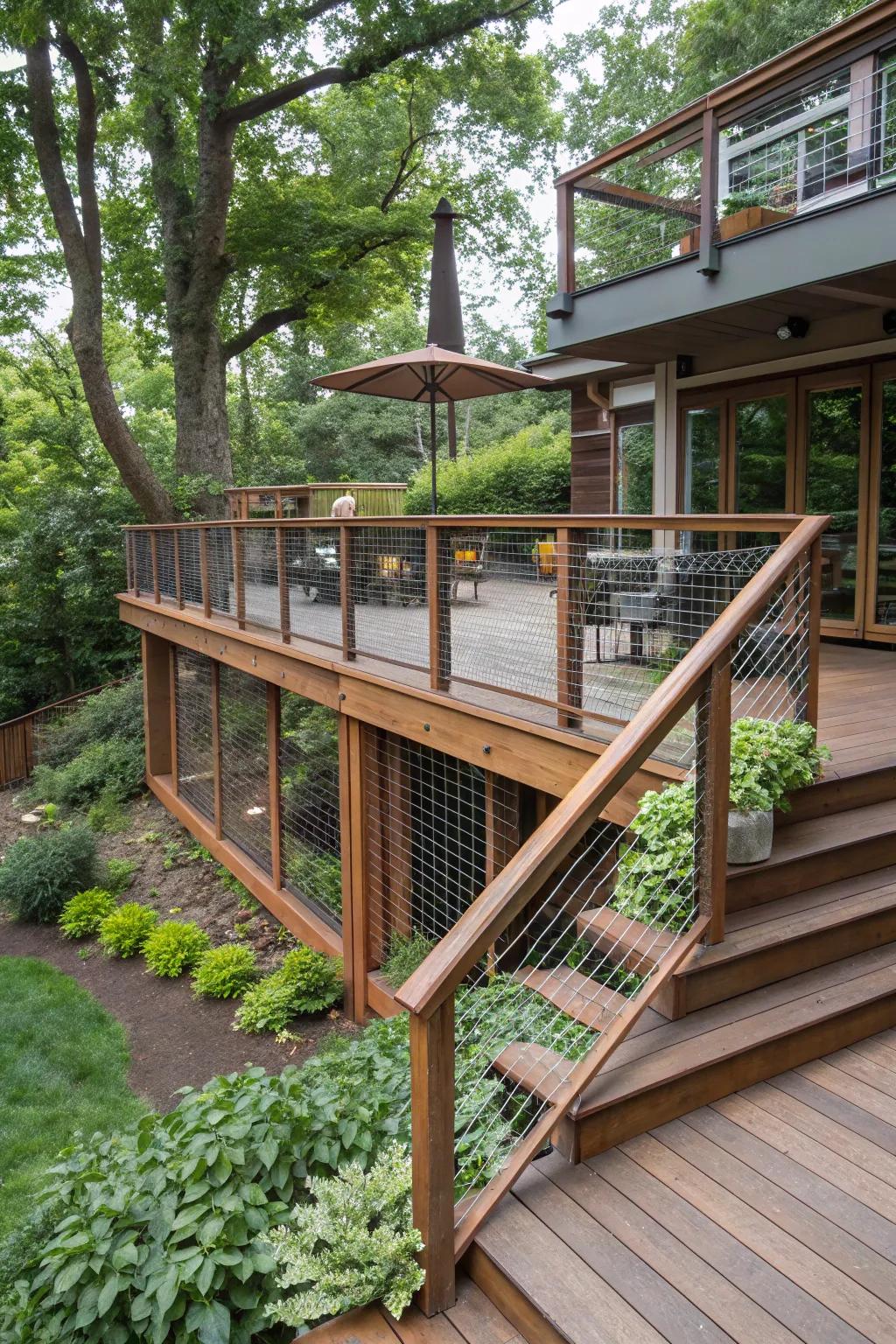 Multi-level decks with livestock panel guardrails add depth and character.