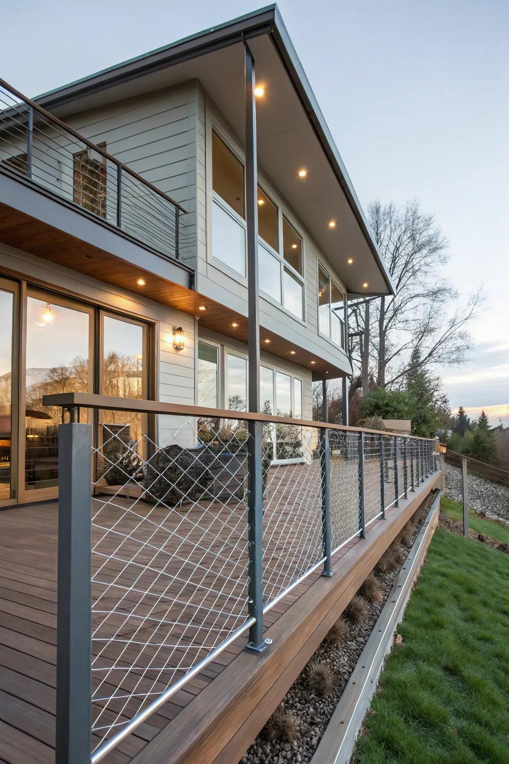Angled livestock panel screens create a striking modern deck design.