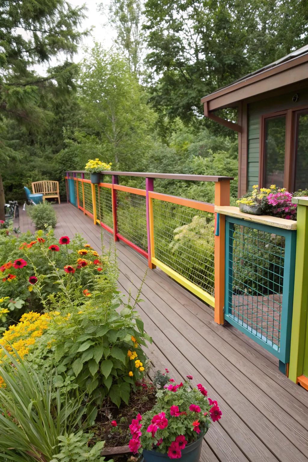 Brightly painted surrounds add a unique flair to deck guardrails.