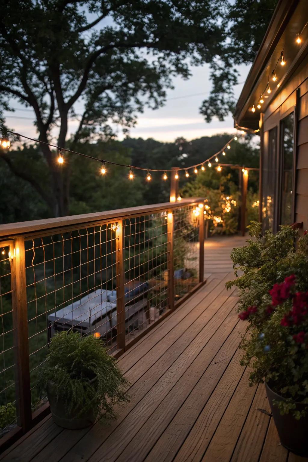 Lighting transforms decks into inviting evening retreats.