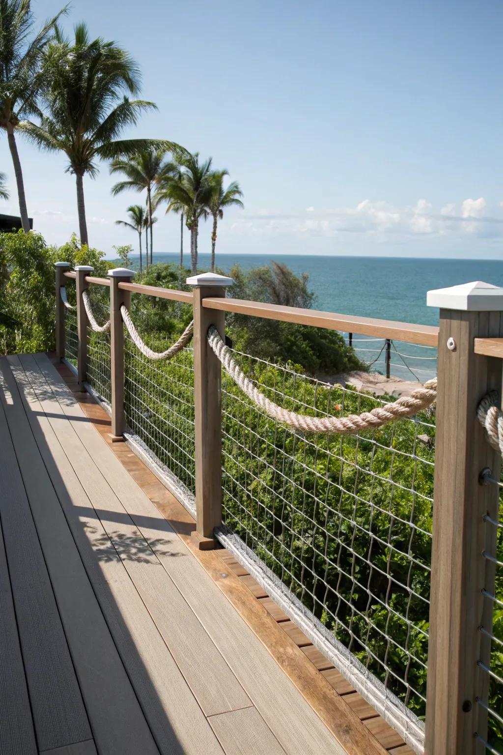 Rope accents add a coastal vibe to livestock panel guardrails.