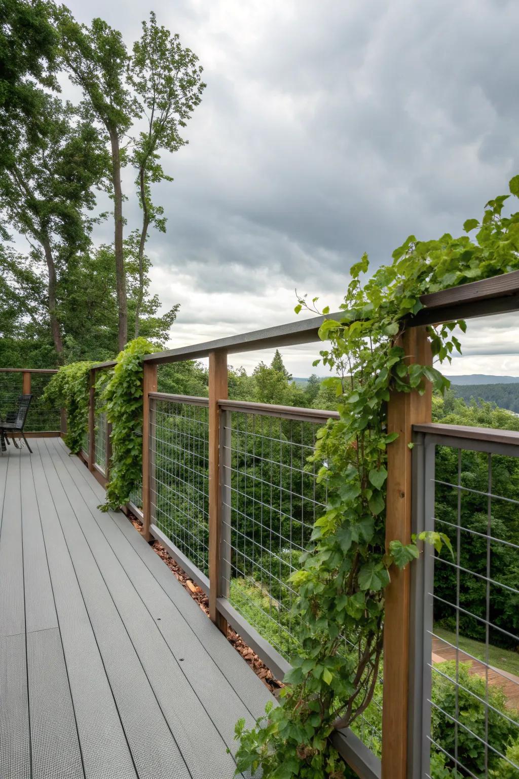 Vines on livestock panels create natural privacy and lush greenery.