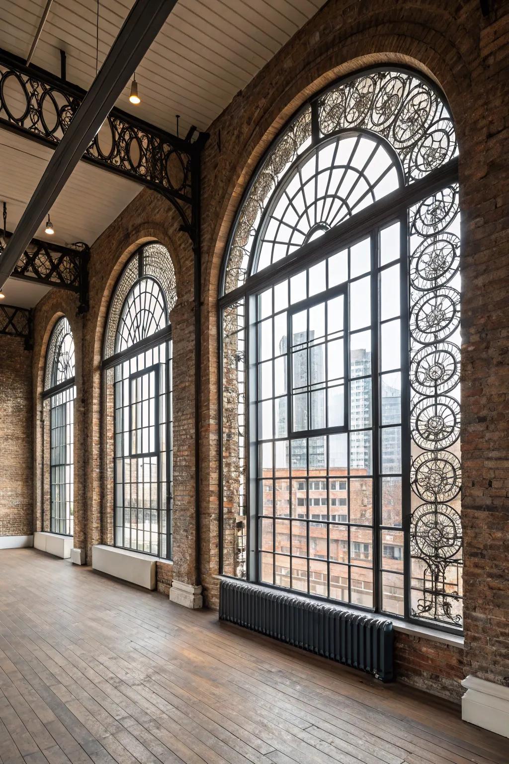Stylish industrial loft featuring artistic metalwork on arched windows.