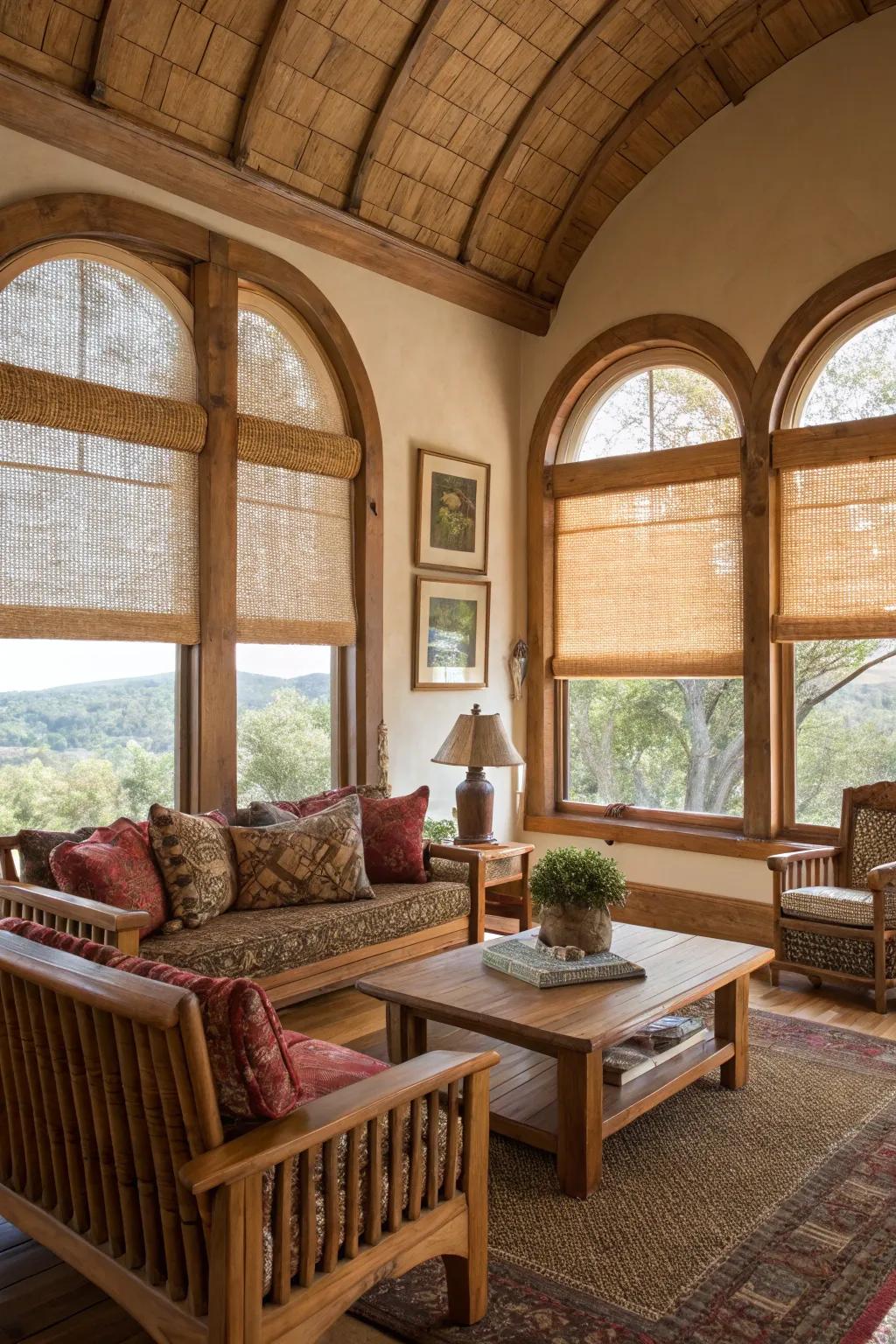 Country living room featuring braided screens on arched windows.