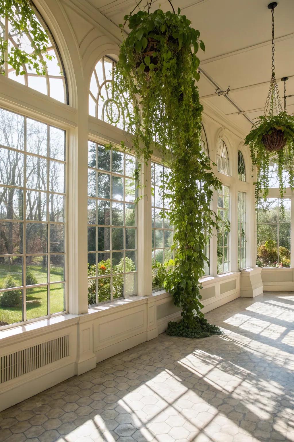 Bright sunroom featuring indoor climbing frame on arched windows.