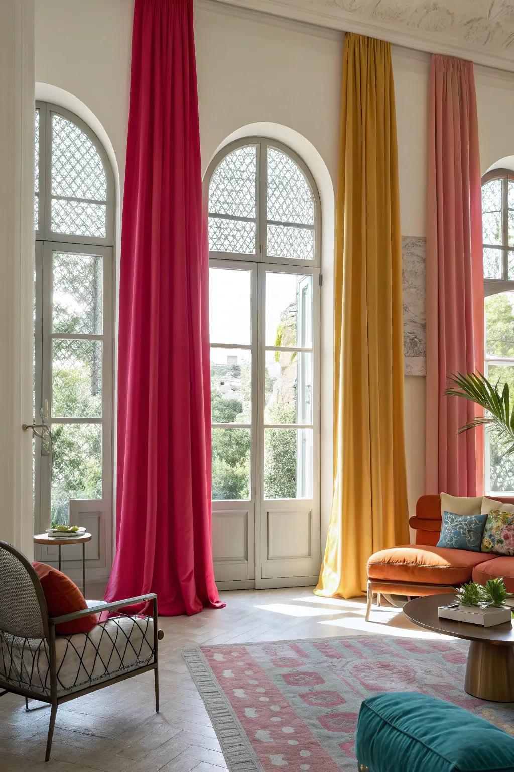 Vibrant modern room featuring bold colored curtains on arched windows.