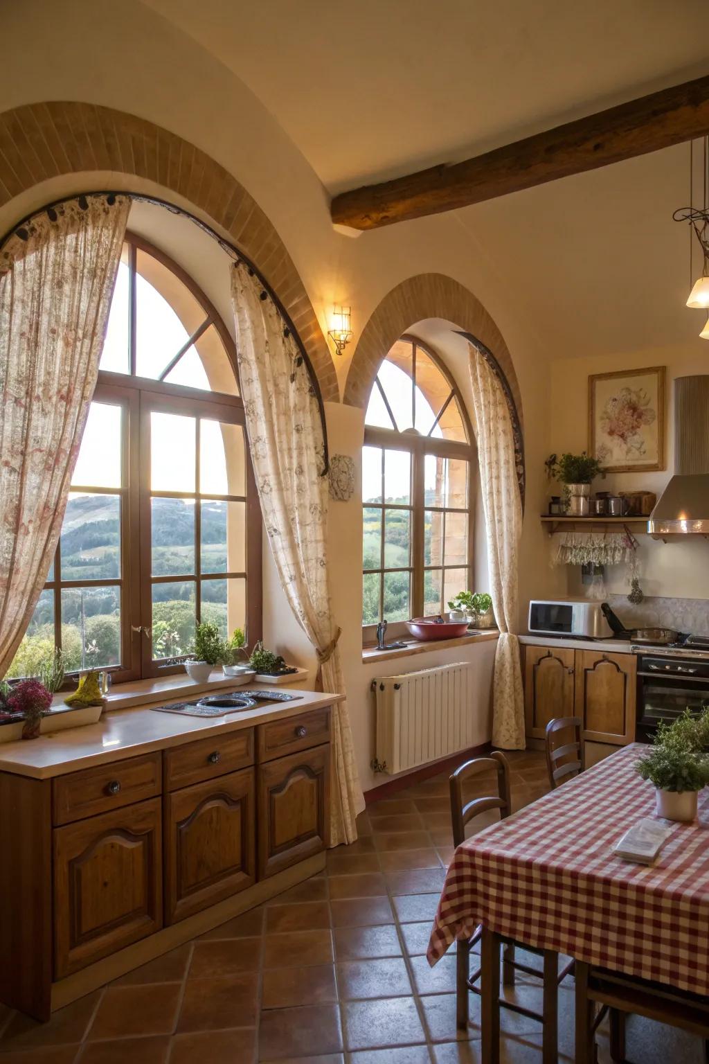 Inviting kitchen featuring bistro-style curtains on arched windows.
